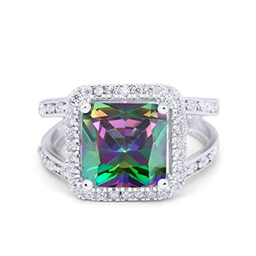 Halo Split Shank Engagement Ring Simulated Rainbow CZ 925 Sterling Silver
